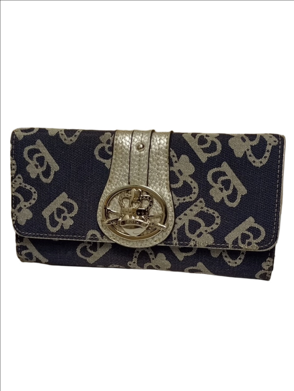 👑 Y2K KATHY VAN ZEELAND 90'S VINTAGE NAVY BLUE BIFOLD WALLET SILVER CROWNS